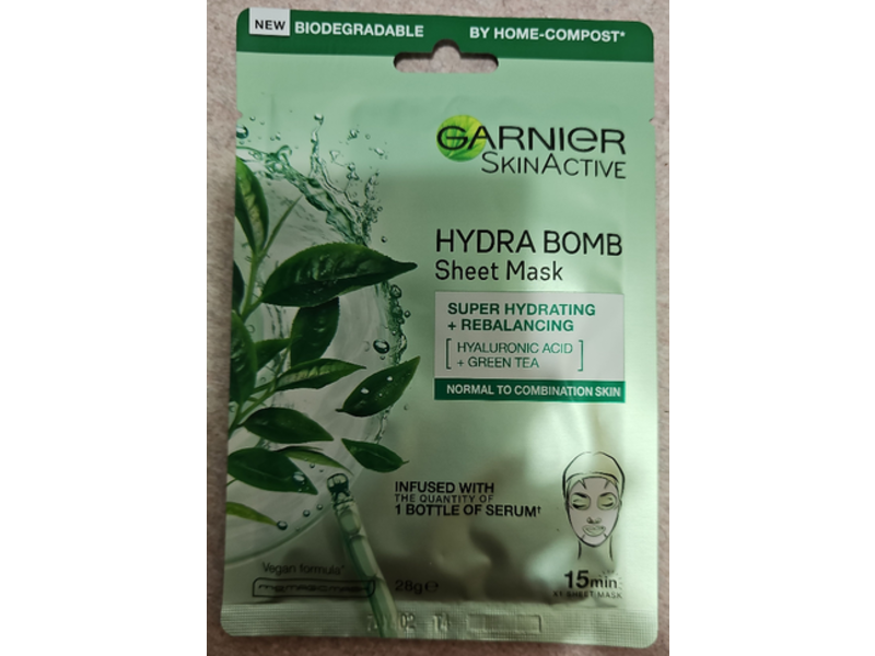 Garnier Skin Active Hydra Bomb Sheet Mask, Hyaluronic Acid & Green Tea, 28 g