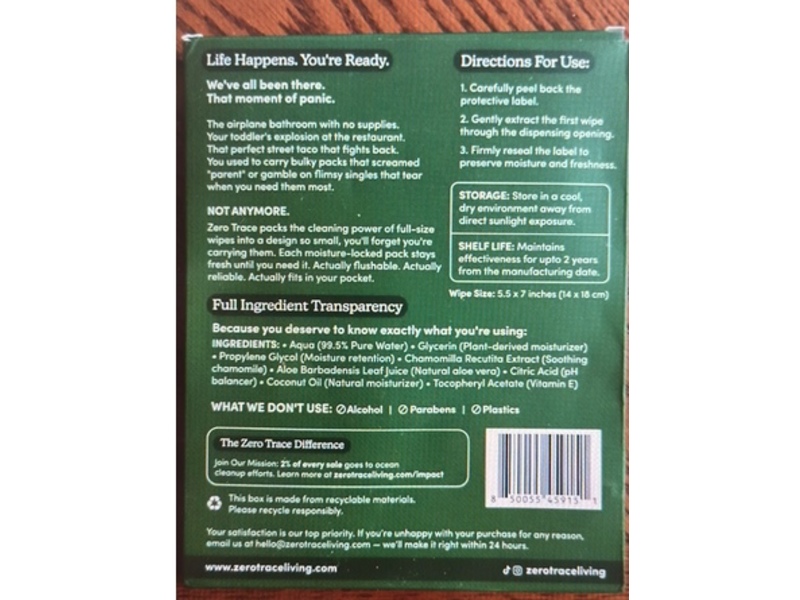 Zero Trace Flushable Pocket Size Wet Wipes, Aloe + Vitamin E, 60 Count