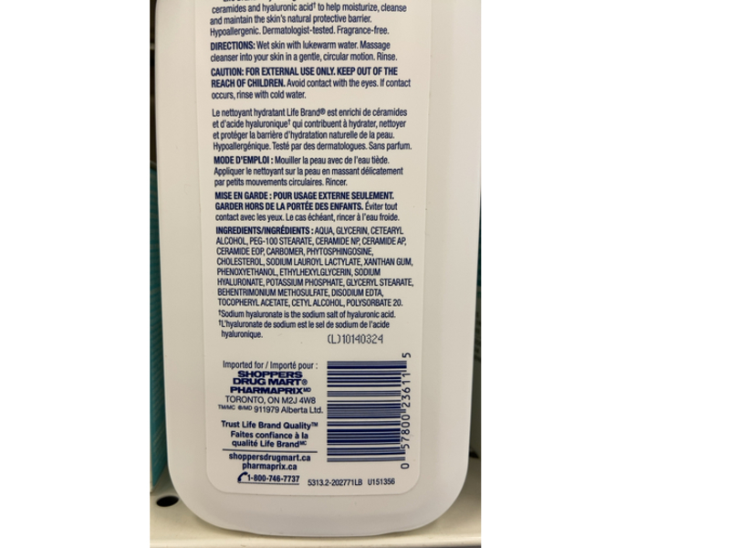 Life Brand Hydrating Cleanser, Ceramides & Hyaluronic Acid, 355 mL