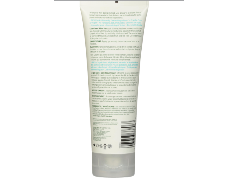 Live Clean Soothing After Sun Gel, Aloe Vera, 7.7 fl oz/227 mL