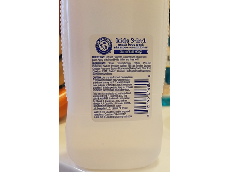 Arm & Hammer Kids 3-In-1 Gentle Body Wash, Shampoo + Conditioner, Sea Monster Mango, 18 fl oz/532 mL