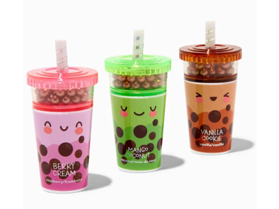 Claire's Boba Tea Shaker Lip Balm Set, Mango Coconut + Vanilla Cookie + Berry Cream, 0.14 oz/4 g