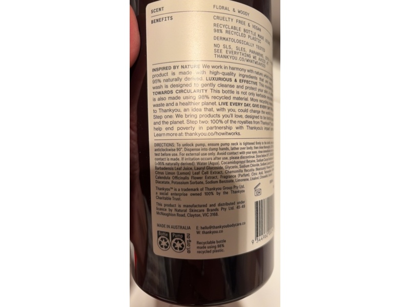 Thankyou Body Wash, Botanical Geranium, Rose & Wood, 33.8 fl oz/1 L