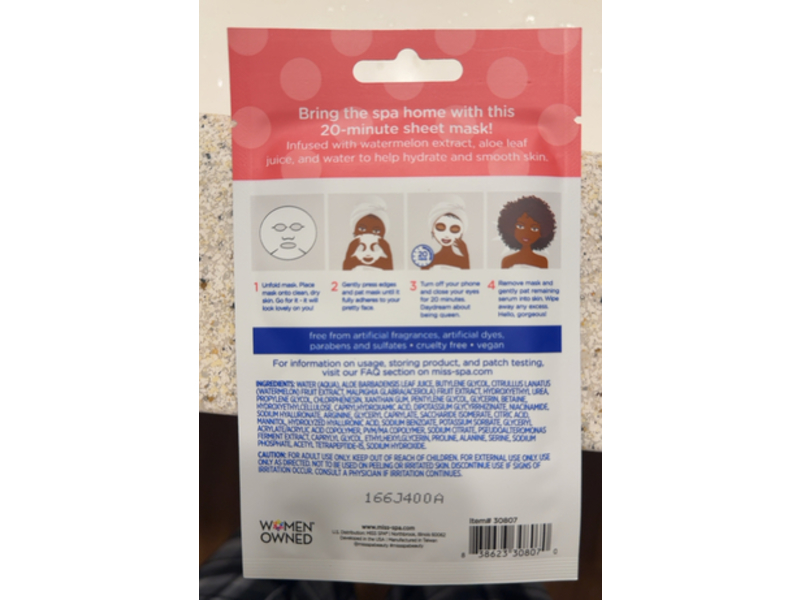 Miss Spa Hydrating Sheet Mask, Watermelon, 0.67 oz/19 g