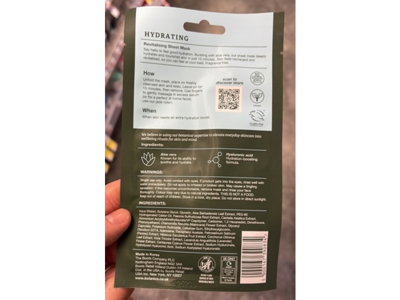 Botanics The Power Of Plants Hydrating Revitalising Sheet Mask, 1.19 oz/34 g