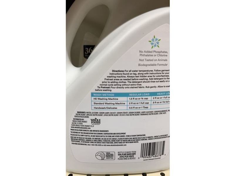 365 Whole Foods Market Concentrated Laundry Detergent, Unscented, 66 Loads, 100 fl oz/2.95 L