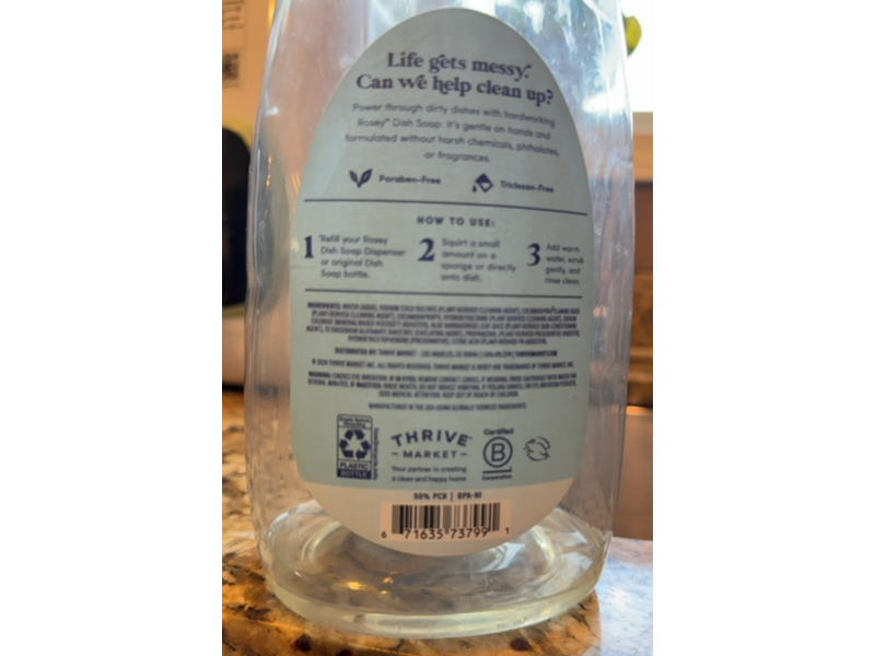 Thrive Market Rosey Dish Soap Refill, Unscented, 52 fl oz/1.5 L