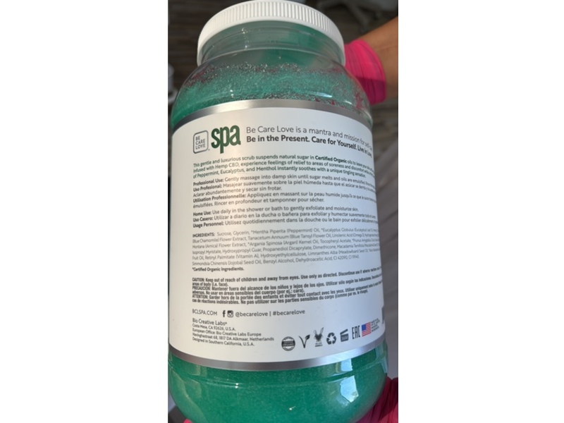 Be Care Love Spa Sugar Scrub, Tingling Mint + CBD, 128 oz/3628 g