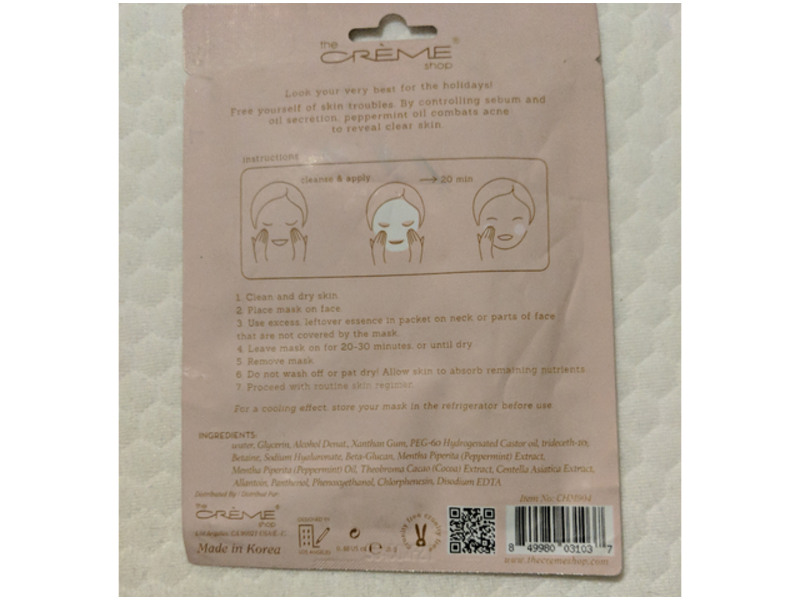 The Creme Shop Clarifying Sheet Mask, Peppermint Cocoa, 0.88 oz/25 g