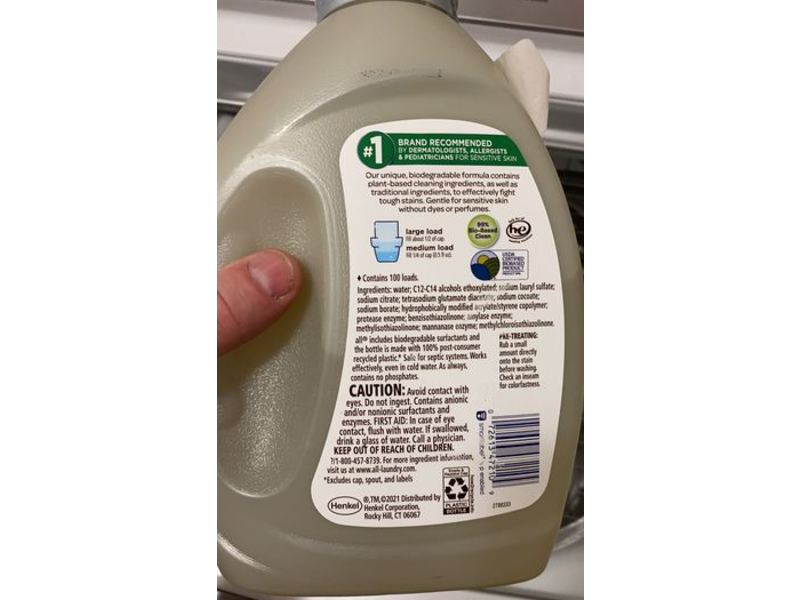 All Stainlifters Laundry Detergent, Free Clear,100 Loads, 50 fl oz/1.47 L