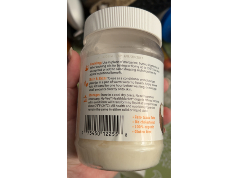 Hyvee Organic Refined Coconut Oil, 14 fl oz/414 mL