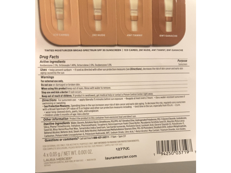 Laura Mercier Tinted Moisturizer, 1C0 Cameo, 2N1 Nude, 4W1 Tawny, 6W1 Ganache, SPF 30, 0.001 oz/0.03 g, Pack Of 4