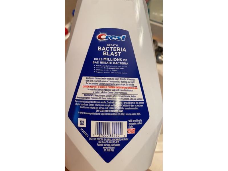 Crest Breath Bacteria Blast Mouthwash, + Hydrogen Peroxide, Icy Cool Mint, 32 fl oz/946 mL