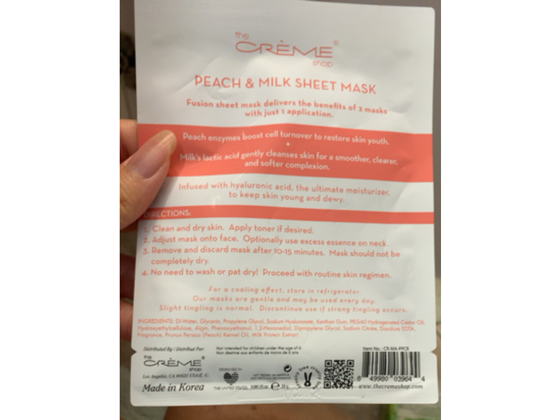 The Creme Shop Fusion Sheet Mask, Peach & Milk, 0.88 oz/25 g, Pack Of 5