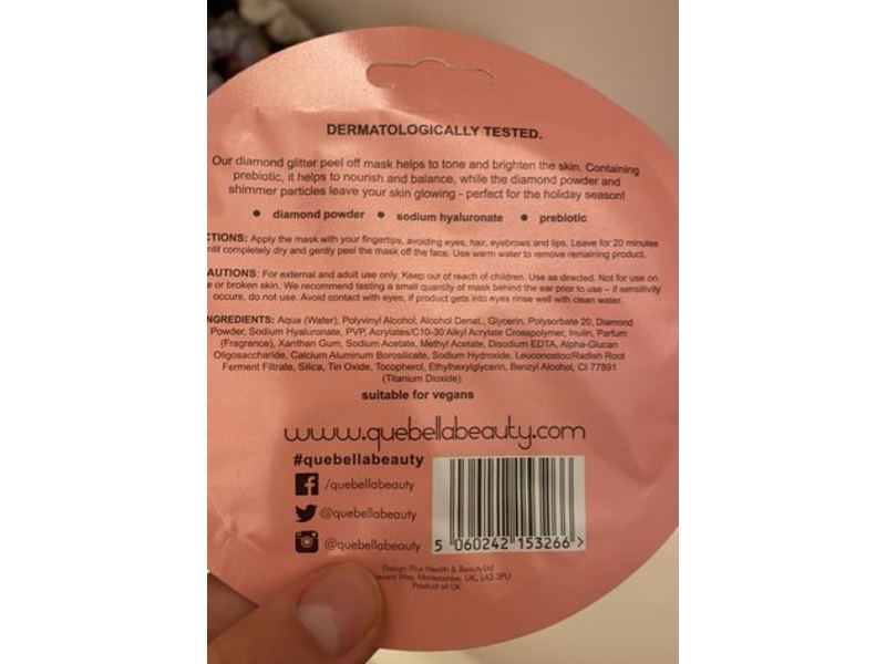 Que Bella Diamond Glitter Peel Off Mask, Diamond Powder & Shimmer Particles, 0.35 oz/10 g
