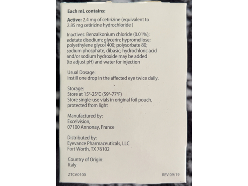 Zerviate (Cetirizine Ophthalmic Solution), 0.24%, 0.2 mL, Eyevance Pharmaceuticals (RX)