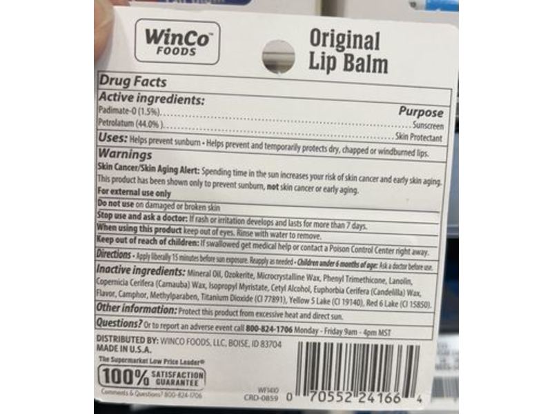 Winco Foods Lip Balm, Original, 0.15 oz/4.25 g, Pack Of 2