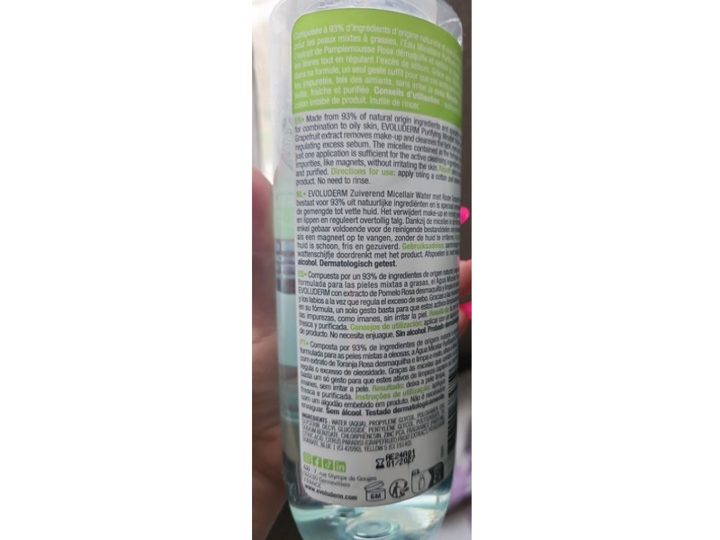 Evoluderm Purifying Micellar Water, Pink Grapefruit Extract, 16.9 fl oz/500 mL