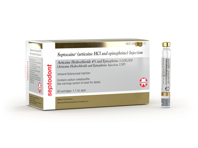 Septocaine (articaine HCL 4% and epineprine 1:100,000) Injection, 1.7 mL Septodont