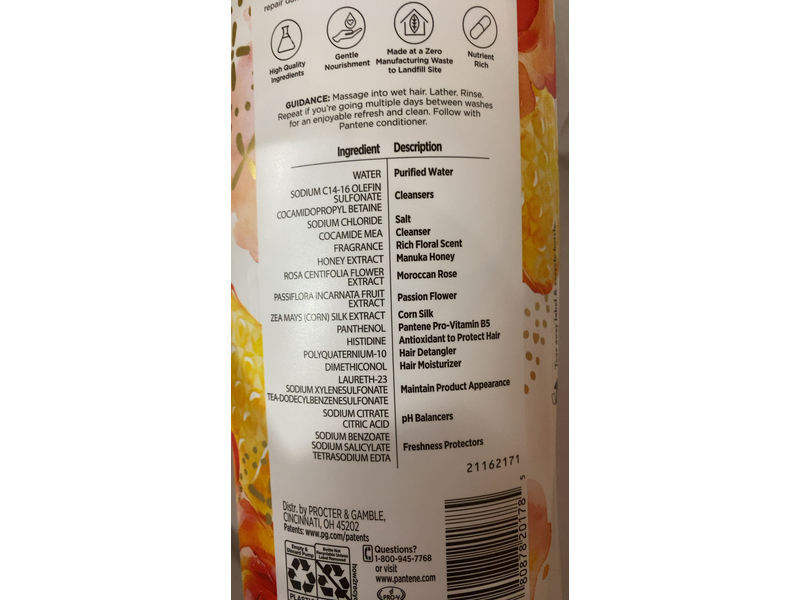 Pantene Essential Botanicals Moisturizing Shampoo, Moroccan Rose & Manuka Honey, 38.2 fl oz/1.13 L