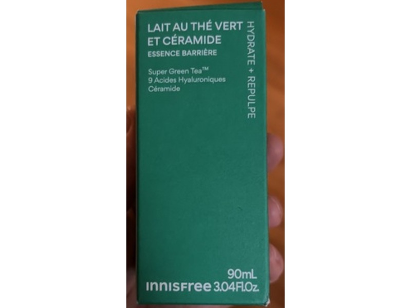 innisfree Hydrate + Plump Green Tea Ceramide Milk Barrier Essence, Super Green Tea, Hyaluronic Acid, Ceramide, 3.04 fl oz/90 mL
