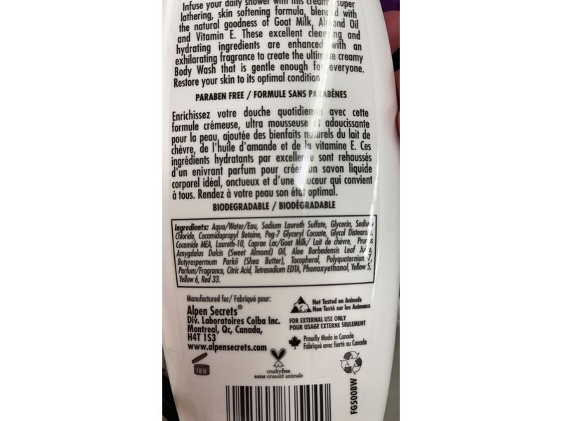 Alpen Secrets Body Wash, Goat Milk And Almond Oil, 17 fl oz/500 mL