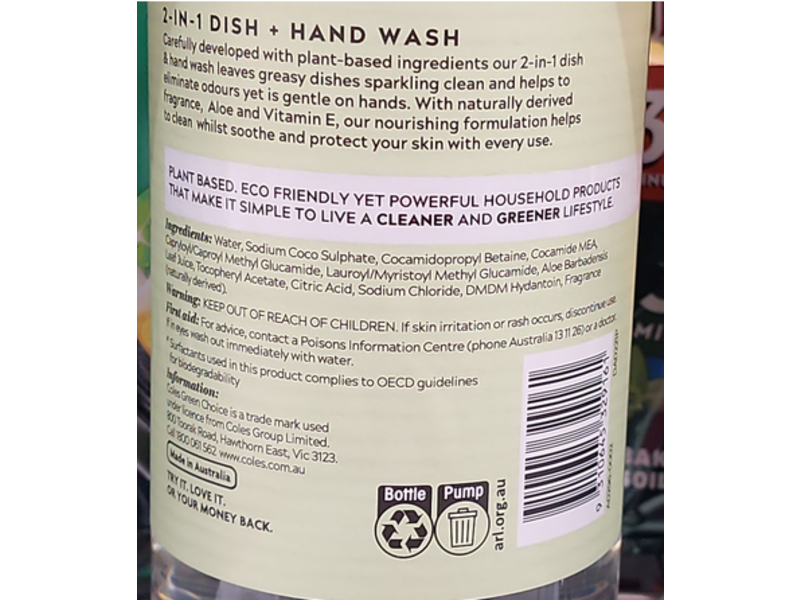 Coles Green Choice 2-IN-1 Dish + Hand Wash, Rose & Rhubarb, 1L