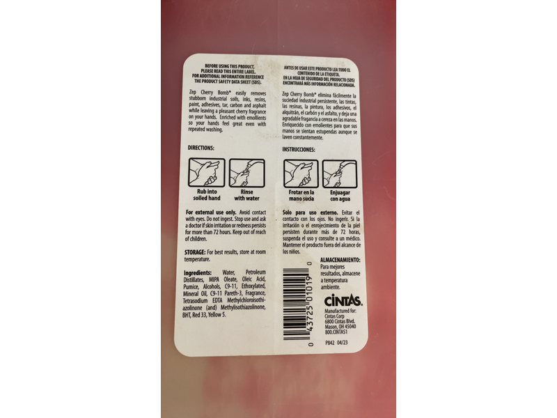 Zep Gel Hand Cleaner, Cherry Bomb, 4000 mL