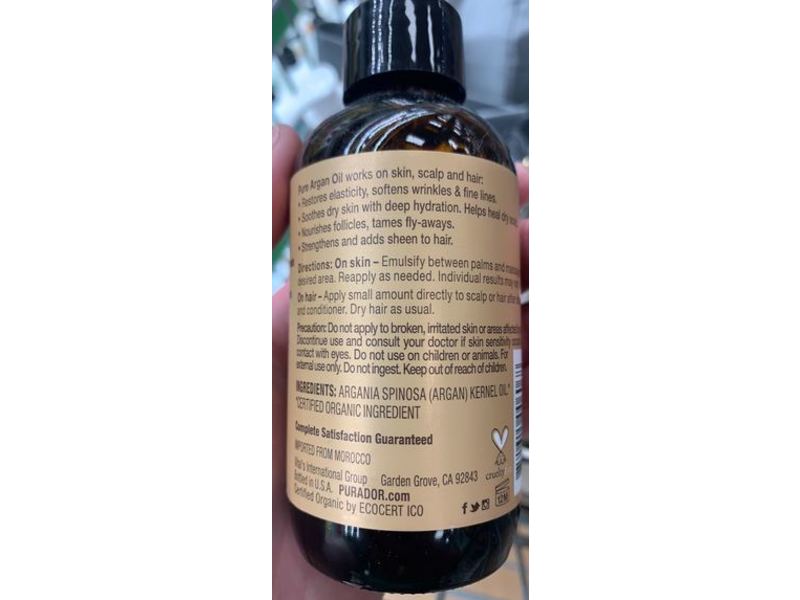 Purad'or Hydrate & Nourish Skin & Hair Oil, Organic Argan Oil, 4 fl oz/118 mL