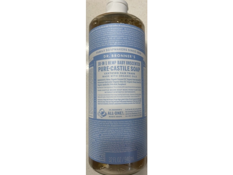 Dr. Bronner's 18 In 1 Hemp Baby Pure-Castile Soap, Unscented, 32 fl oz/946 mL