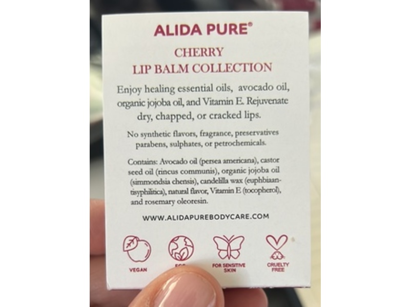 Alida Pure Lip Balm, Cherry, 0.45 oz/13 g, Pack Of 3