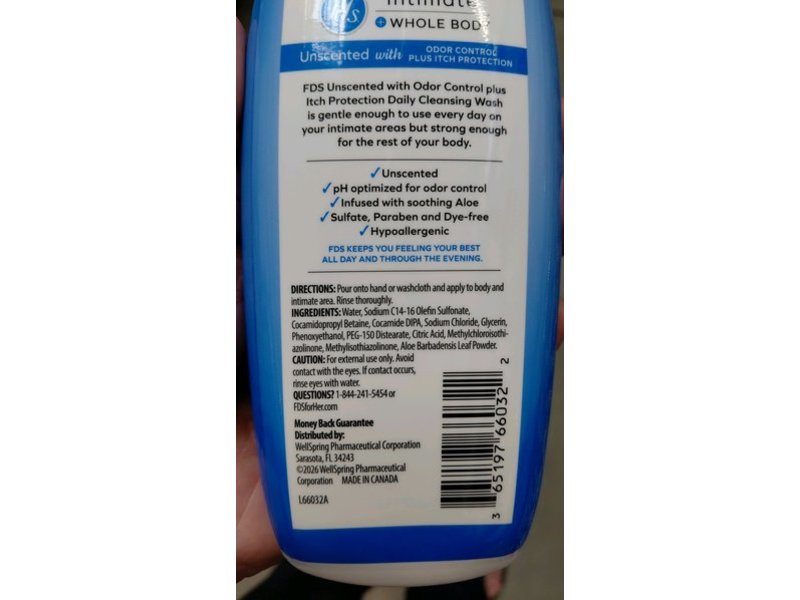 FDS Intimate Odor Control Plus Itch Protection Daily Cleansing Wash, Unscented, 10 fl oz/296 mL