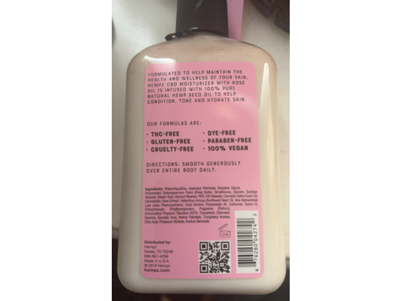 Hempz Herbal Body Moisturizer, Rose Oil, 8.5 fl oz/250 mL