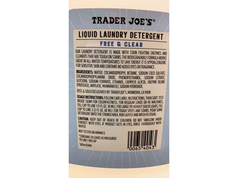Trader Joe's Liquid Laundry Detergent, Free & Clear, 50 fl oz (1.58 qt)