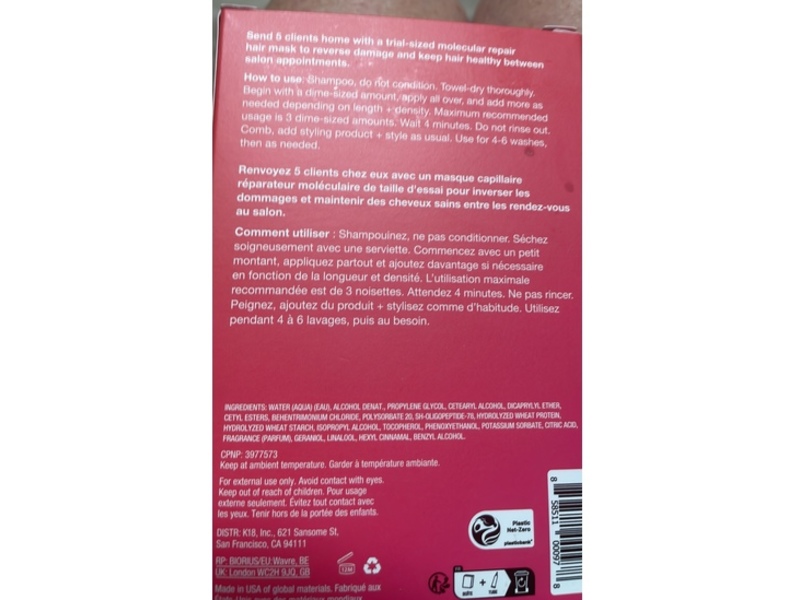 K18 Biomimetic HairScience Leave-in Molecular Repair Hair Mask, 0.17 fl oz/5 mL, Pack Of 5