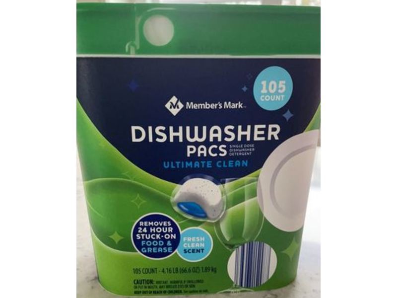 Member's Mark Dishwasher Pacs, Ultimate Clean, Fresh Clean Scent, 66.6 oz/1.89 kg, 105 Count