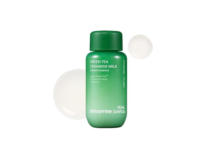 innisfree Hydrate + Plump Green Tea Ceramide Milk Barrier Essence, Super Green Tea, Hyaluronic Acid, Ceramide, 3.04 fl oz/90 mL