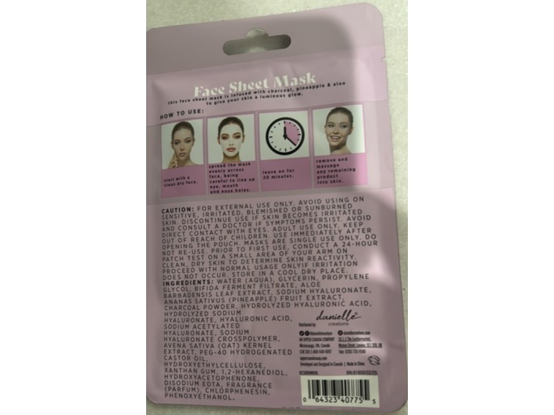 Danielle Creations Face Sheet Mask, Weekend Detox, 0.88 oz/25 g