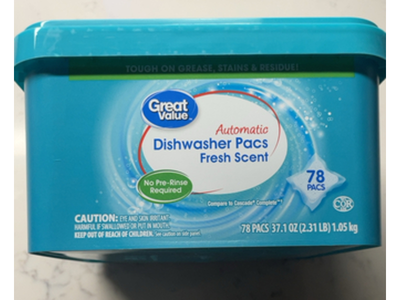 Great Value Automatic Dishwasher Pacs, Fresh Scent, 37.1 oz/1.05 kg, 78 Count