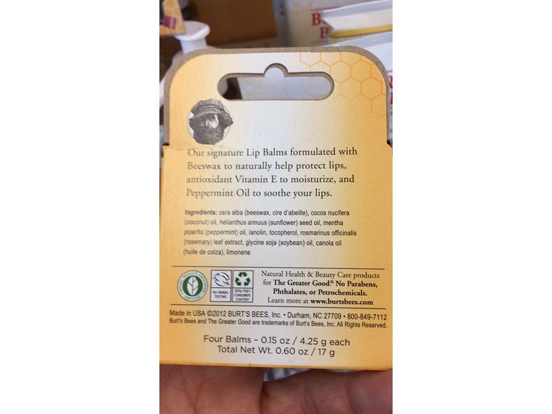 Burt's Bees Lip Balm, Beeswax, 0.15 oz., 4 Count