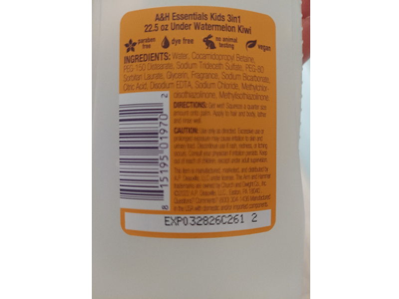 Arm & Hammer Essentials Kids 3-In-1 Body Wash + Shampoo+Conditioner, Under Watermelon Kiwi, 22.5 fl oz/665 mL