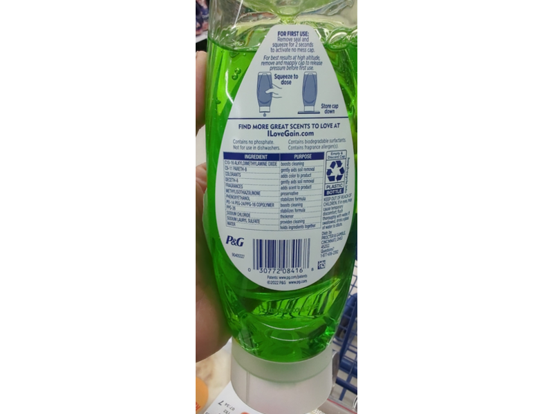 Gain Ultra Clean Ez- Squeeze Dishwashing Liquid, Original Scent, 14,7 fl oz/434 mL