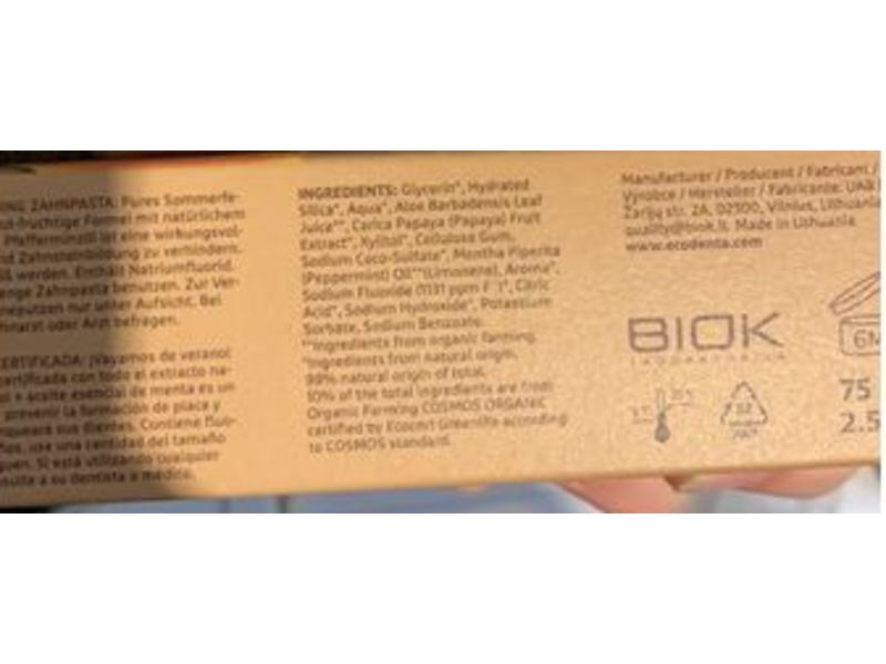 Eco Denta Certified Organic Whitening Toothpaste, Papaya Extract, Fluoride, 100 mL