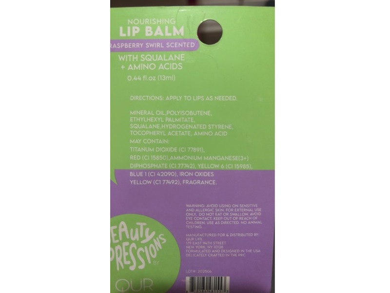 Beauty Impressions Nourishing Lip Balm, Raspberry Swirl Scent, 0.44 fl oz/13 mL