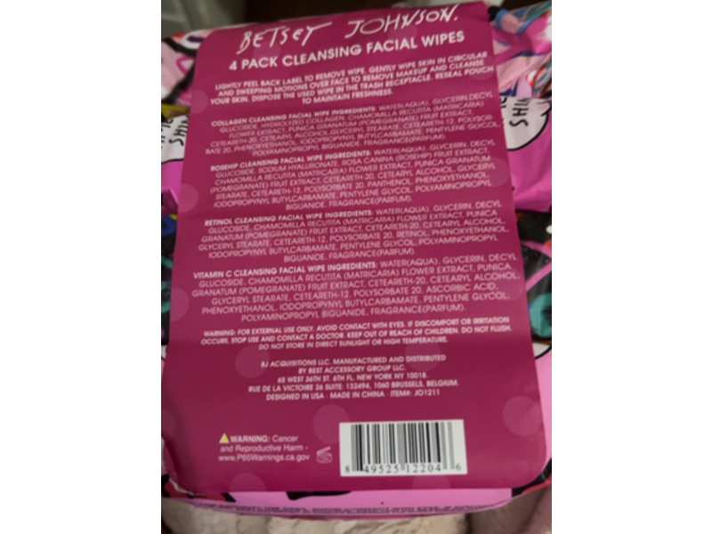 Betsey Johnson Cleansing Facial Wipes, Collagen, 30 Count