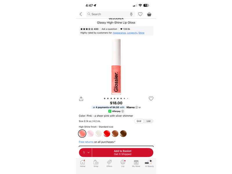 Glossier Glassy High Shine Lip Gloss, Pink, 0.14 oz/4.2 mL