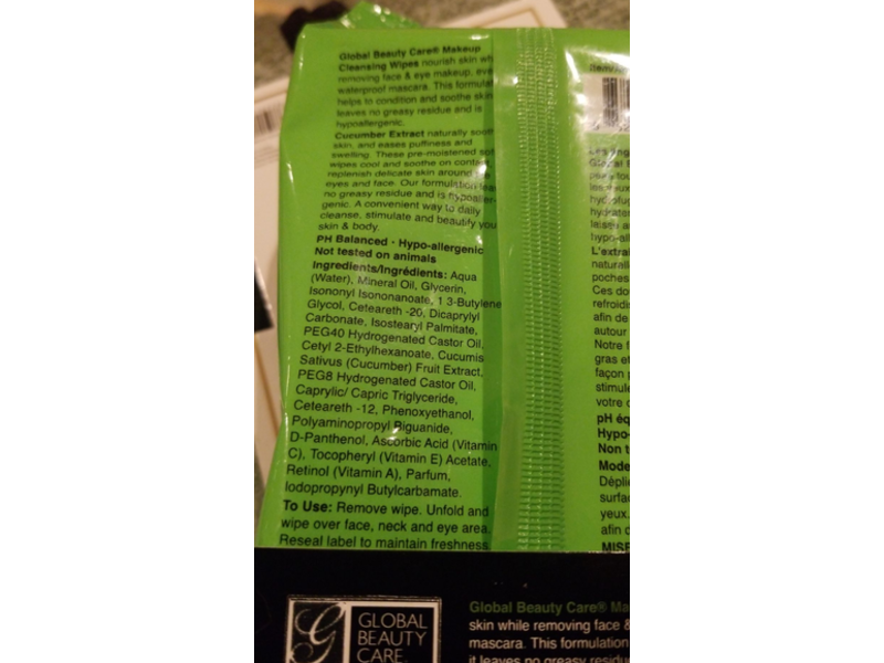 Global Beauty Care Make Up Cleansing Wipes, Cucumber Extract, 60 Count