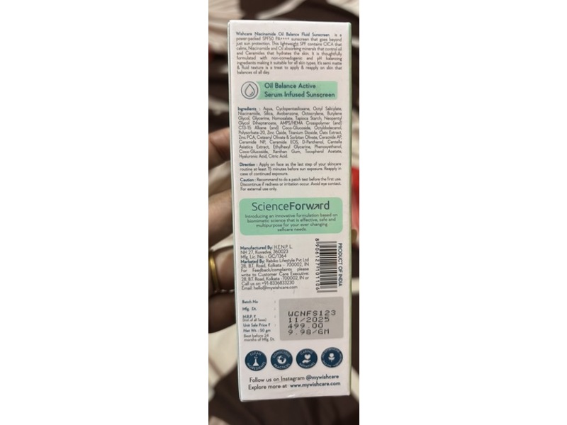 WishCare Niacinamide Oil Balance Fluid Sunscreen, SPF 50+ PA++++, 50 g