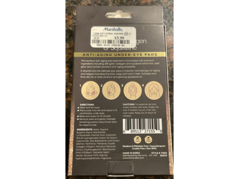 Clear Beauty Anti-Aging Under-Eye Pads, 24k Gold + Collagen & Squalene, 0.88 oz/25 g, 5 Pairs