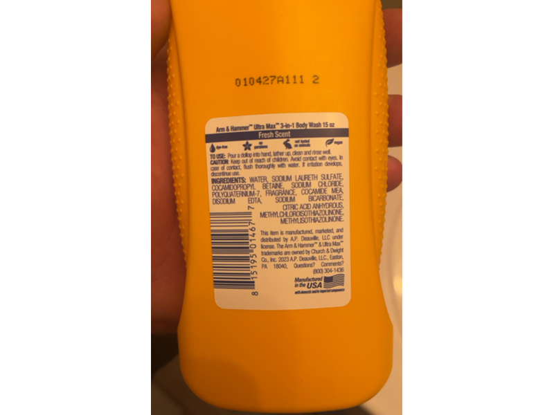 Arm & Hammer Ultra Max 3-in-1 Body Wash + Shampoo & Conditioner, Fresh, 15 fl oz/443 mL, Pack Of 3